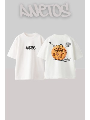 Anetos Gülen Kurabiye Tasarım Sırt Baskılı Pamuk Beyaz Oversize T-Shirt