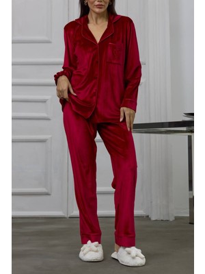 Gizotti Kırmızı Gofrajlı Kalp Nakışlı Uzun Kadife Pijama Takımı M