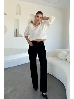 Eswomes Likralı Kesik Paça Palazzo Pantolon Siyah