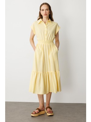 Accort Keten Görünüm Farbela Detaylı Uzun Elbise-Sarı