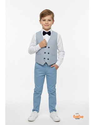 Erkek Çocuk 4’lü Smokin Takım, Gömlek Yelek Papyon ve Pantolon Şık Kombin, Davet & Özel Gün Mavi