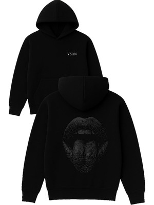 Vsrn Dil Çıkaran Emoji Tasarım Baskılı Oversize Siyah Kapüşonlu Sweatshirt
