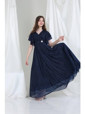 Giyinse Kristal Kumaş Abiye Elbise Lacivert