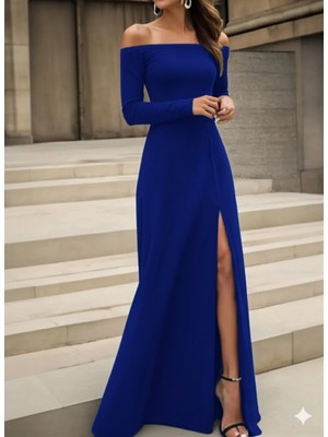 Arben Boutique Kadın Uzun Kollu Madonna Yakalı Yırtmaç Detaylı Uzun Ithal Krep Elbise