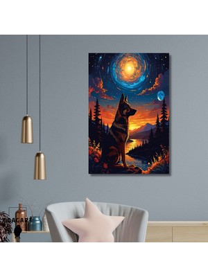 Gaagart Tekli Dikey Kanvas Tablo Gün Batımı ve Gece Dolunayda Kurt