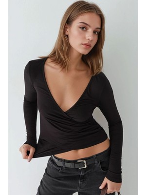 Hiccup Kadın Yumuşak Dokulu Slim Fit V Yaka Uzun Kollu Üst Siyah