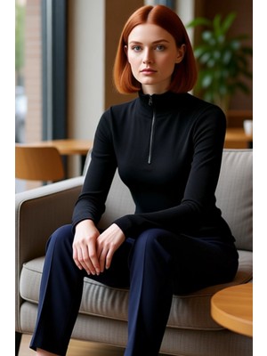 FRM Kadın Moda Şık Üst Giyim Regular Fermuarlı Yaka Slim Kalıp Örme Fitted Vücuda Oturan Esnek Bluz