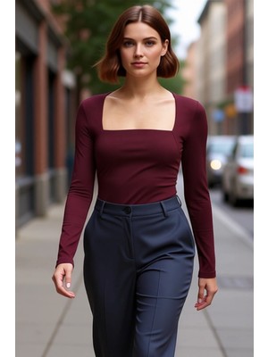 PayBuy Kadın Kare Yaka Fitted Uzun Kollu Bluz Likralı Penye Süprem Dokuma Kışlık Casual Giyim Için