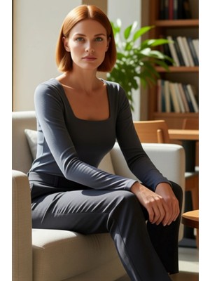 FRM Kadın Moda Şık Üst Giyim Regular Kare Yaka Slim Kalıp Örme Pamuklu Fit Bluz