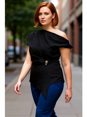 PayBuy Kadın Asimetrik Kesim Kayık Yaka Detaylı Dokuma Bluz Kaliteli Şık Rahat Modern Zarif