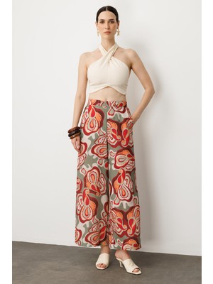 Accort Soyut Baskı Bol Paça Pantolon-Çağla