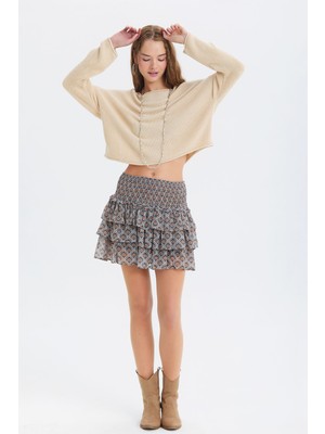 Clandestino Etnik Desenli Katmanlı Şifon Mini Etek Gri