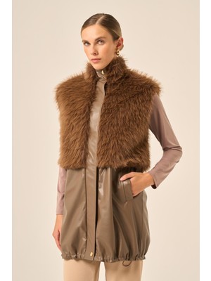 Ftz Women Bayan Pelüs Detay Deri Yelek  Kahve 31243