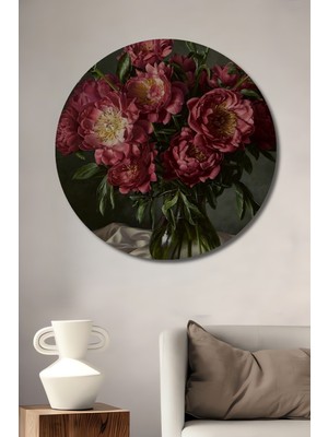 Teona Ahşap Dekoratif Ahşap Yuvarlak Tablo Pembe Şakayıklar Vazoda