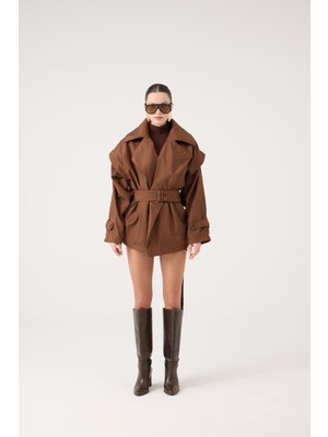 Holly Lolly Kemerli Oversize Kesim Sara Trençkot Kahve