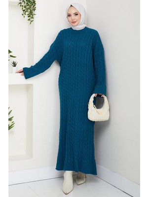 Örgü Desen Triko Elbise Petrol HM2526