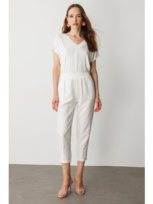 Accort Cep Detay Beli Lastikli Pantolon-Ekru