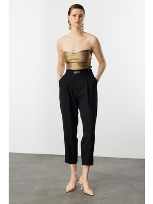 Accort Beli Lastikli Kalın Pileli Pantolon-Siyah