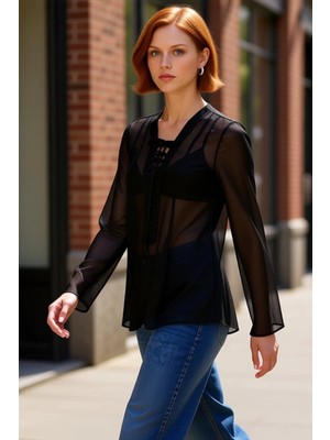 PayBuy Kadın V Yaka Bağcıklı Ispanyol Kol Uzun Kollu Şifon Bluz Kaliteli Şık Rahat Modern Zarif Günlük