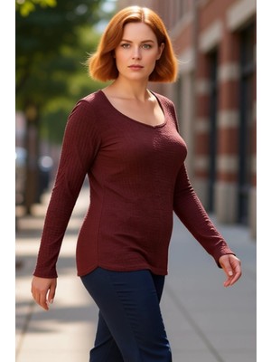 PayBuy Kadın Gofre Dokulu V Yaka Uzun Kollu Örme Kaliteli Şık Rahat Modern Zarif Günlük