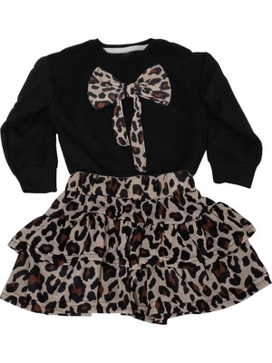 MG Mini Giyim Leopar Desenli Etekli Sweat Takım Kız Çocuk