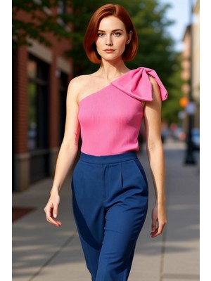 PayBuy Asimetrik Yaka Fiyonk Detaylı Tek Kol Triko Bluz Kadın Kaliteli Şık Rahat Modern Zarif