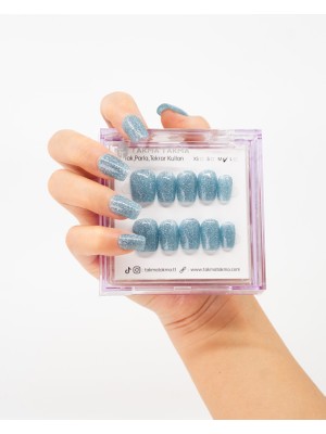 Takma Takma 10'lu Mavi Kısa Balerin TT1244 Tekrar Kullanılabilir El Yapımı Protez Takma Tırnak - Mavi-XS