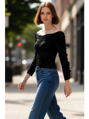 PayBuy Kadın Carmen Yaka Uzun Kollu Büzgülü Örme Kaliteli Şık Rahat Modern Zarif Günlük