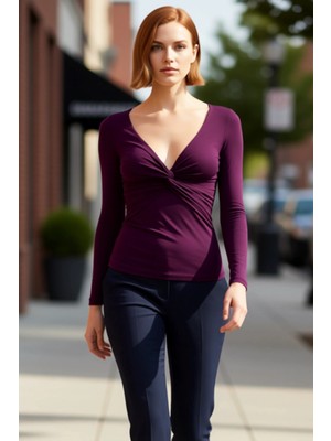 PayBuy Kadın V Yaka Büzgülü Drape Detaylı Fitted Uzun Kollu Esnek Örme Bluz Ilkbahar Sonbahar Günlük