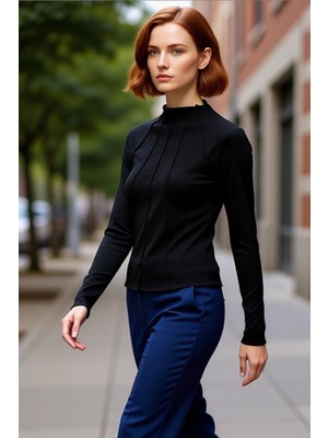 PayBuy Kadın Regular Kalıp Polyester Esnek Örme Bluz Bisiklet Yaka Fermuar Detaylı Uzun Kollu Cool &