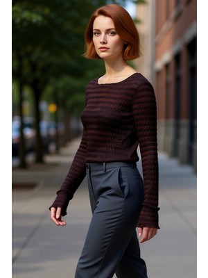 PayBuy Kadın Bordo Dokulu Gofre Esnek Örme Bluz Bisiklet Yaka Uzun Kollu Casual Günlük Kışlık Konforlu Üst