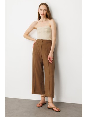 Accort Önden Cep Detaylı Keten Görünüm Pantolon-Kahve