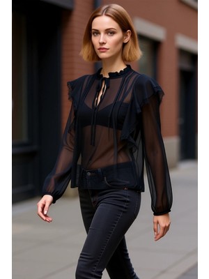PayBuy Kadın Şifon Bluz Transparan Dokuma Dantel Detaylı Balon Kol Bağcıklı Yaka Kaliteli Şık Rahat
