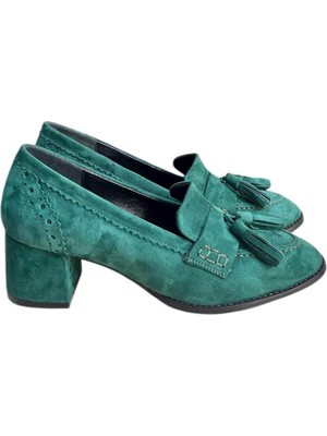 Tufan Shoes Yeşil Hakiki Deri Süet Püskül Detay Topuklu Ayakkabı