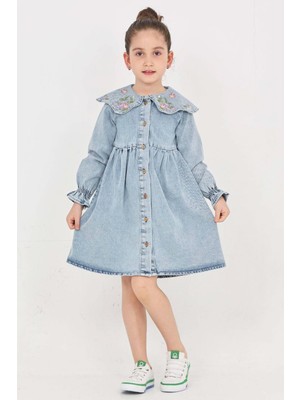 Modanino Kız Çocuk Yaka Detaylı ve Boydan Düğmeli Jean Elbise 12339