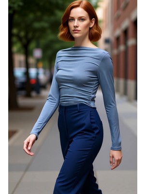 PayBuy Kadın Bordo Kayık Yaka Drapeli Fitted Esnek Örme Uzun Kollu Bluz Smart Casual Günlük ve Gece