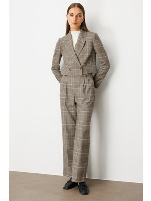 Ekol Kadın Beli Lastikli Ekoseli Pantolon 5077 Vizon