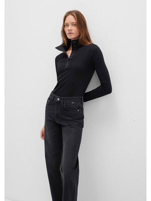 Mavi Düğme Detaylı Dik Yaka Siyah Tişört 1613614-900