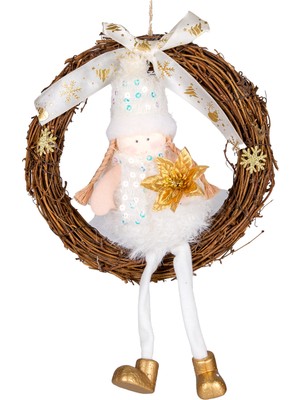 Herdekora Yılbaşı Süsü, Kapı Çelengi, Gold-Beyaz - Peri Figürlü, 20X30 cm