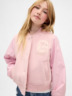 Gap Kız Çocuk Pembe Yün Karışımlı Varsity Bomber Ceket