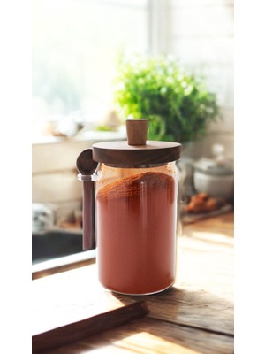 iselahome Lirden Cam Akasya Vakum Kapaklı Kaşıklı Saklama Kabı – Şekerlik, Çay ve Kahve Kavanozu 700 ml
