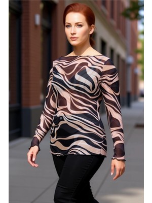 PayBuy Kadın Büyük Beden Kayık Yaka Hayvan Desenli Tül Örme Uzun Kollu Kaliteli Şık Rahat Modern
