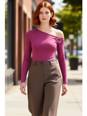 PayBuy Kadın Düşük Omuzlu Aksesuar Detaylı Esnek Örme Bluz Kaliteli Şık Rahat Modern Zarif