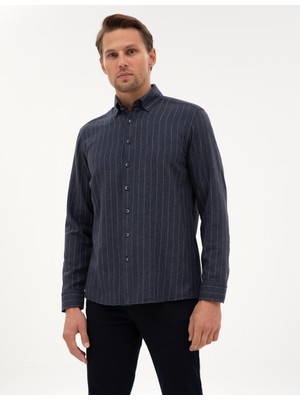 Pierre Cardin Erkek Lacivert Çizgili Regular Fit Uzun Kollu Gömlek 50312366-VR033