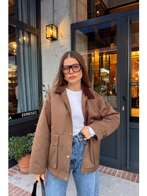Sue Store Kahverengi Kadife Yakalı Fermuarlı Oversize Kapitone Gabardin Ceket