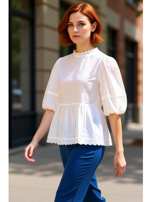 PayBuy Kadın Pamuklu Brode Detaylı Balon Kol Bluz Kaliteli Şık Rahat Modern Zarif Günlük