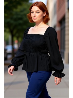 PayBuy Kadın Lacivert Kare Yaka Büzgülü Kol Gipeli Dokuma Bluz A Line Siluet Crop Boy Feminine Tarz