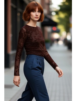 PayBuy Kadın Vücuda Oturan Desenli Tül Uzun Kollu Kayık Yaka Örme Kaliteli Şık Rahat Modern Zarif