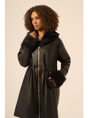 Ftz Women Bayan Kürk Yaka Deri Kaban  Siyah 31242