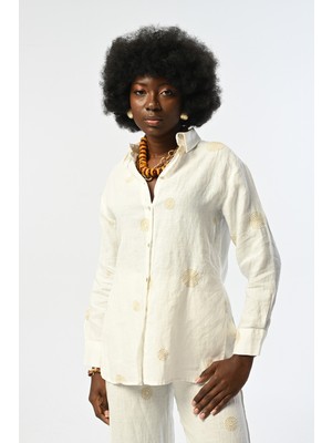 Orfeonegro Kadın Desenli Ekru Renk %100 Keten Gömlek